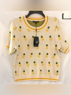 Adrianna Papell Cream Pineapple Knit Sweater with Yellow and Green
